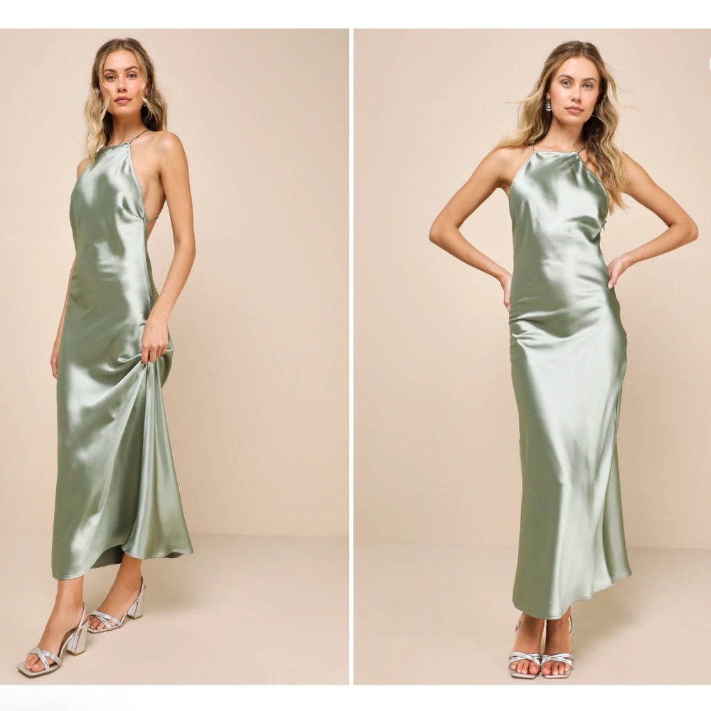 Lulu’s Sleek Sultriness Sage Green Satin Backless Halter Midi Dress